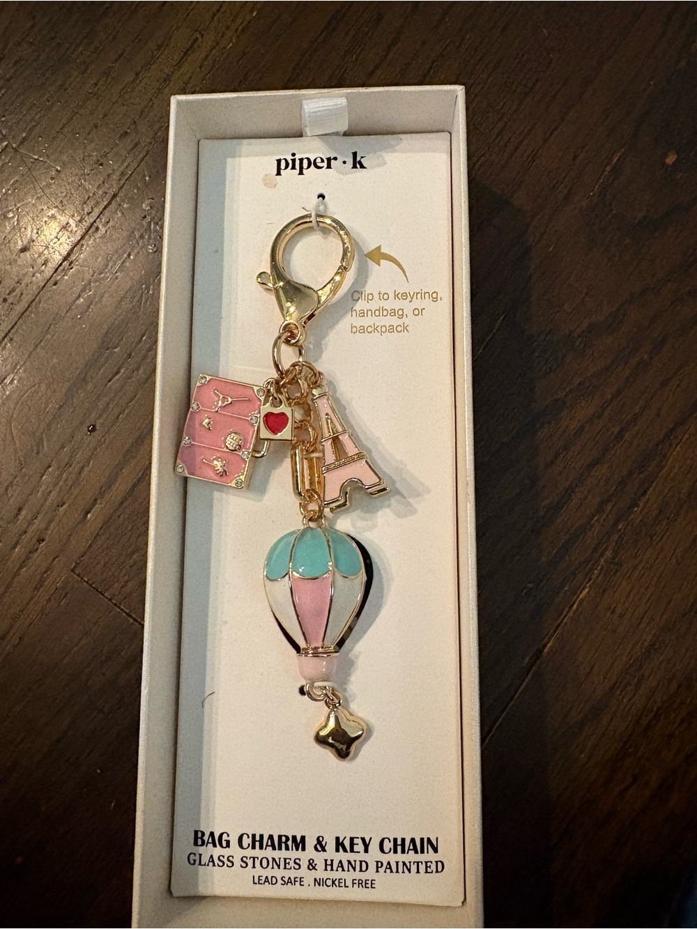 Piper Pink and Teal Hot Air Balloon Bag Charm with Eiffel & Travel Charms